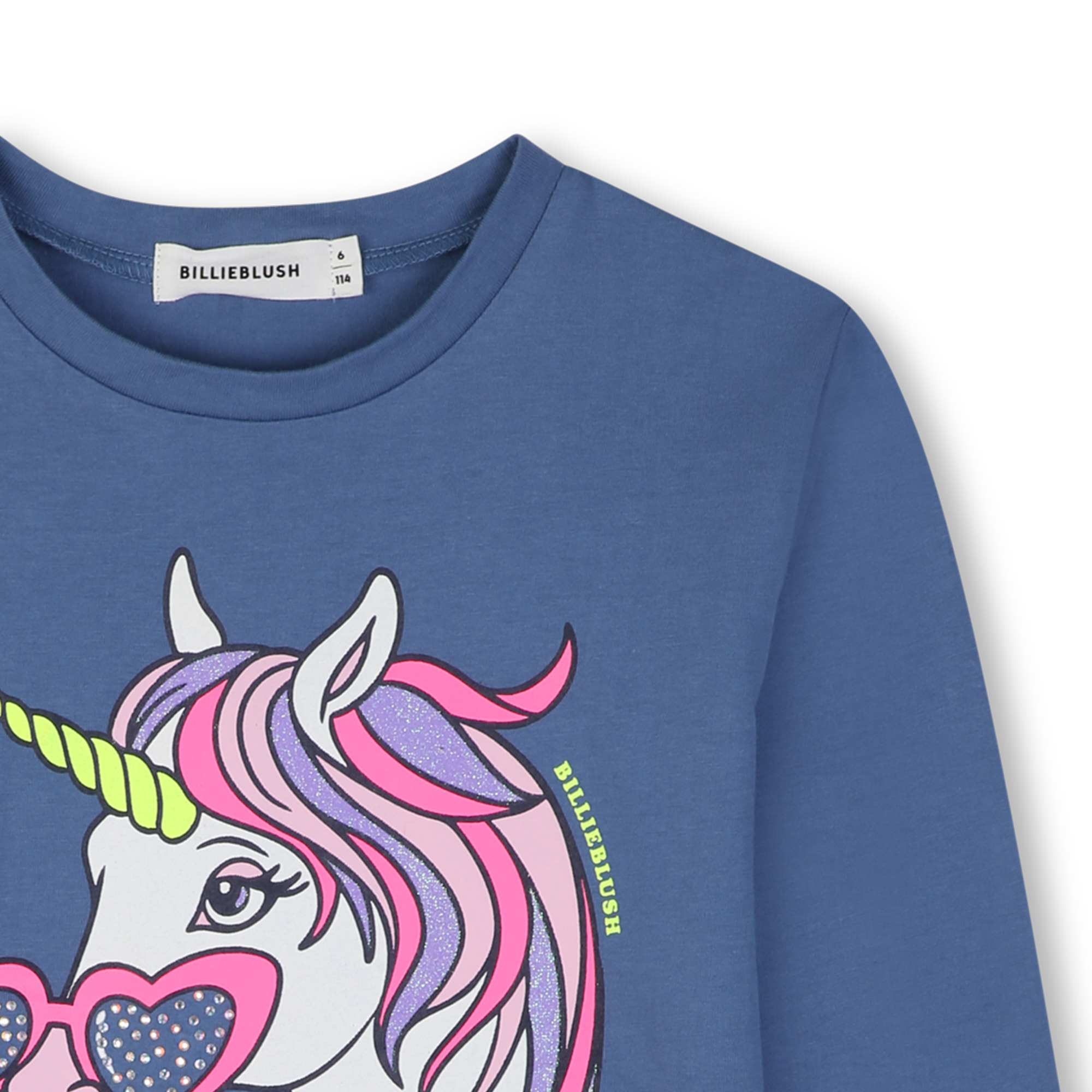 Billieblush Langarm Shirt in Quiet Harbor Blau mit Neon Glitzer Einhorn - Dreamer Billieblush Langarm Shirt in Quiet Harbor Blau mit Neon Glitzer Einhorn - Dreamer
