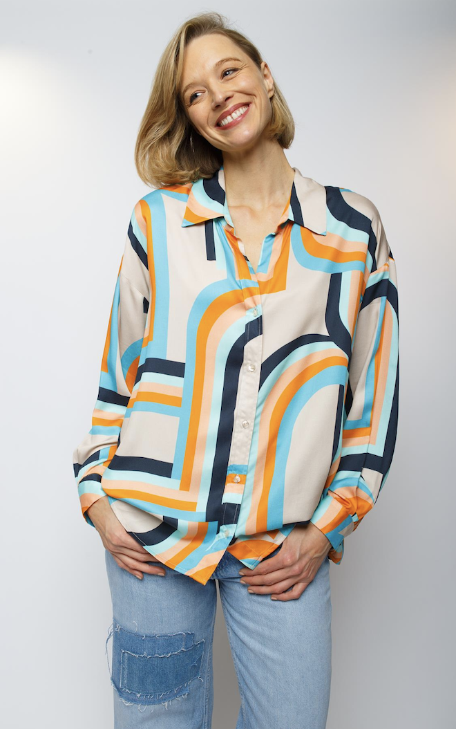 Emily van den Bergh Viskose Bluse in Sand mit Geometric Design in Navy Orange Mint & Blau - SALE