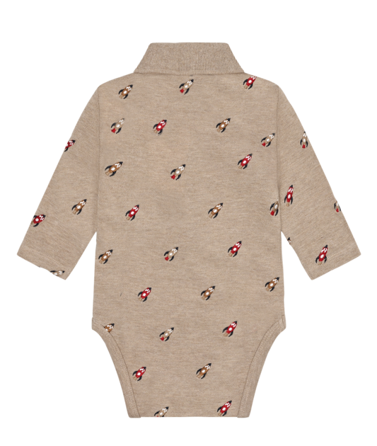 Hust & Claire Langarm Polo Body mit Kragen Beige Braun Pique mit Stickerei - Rakete - SALE