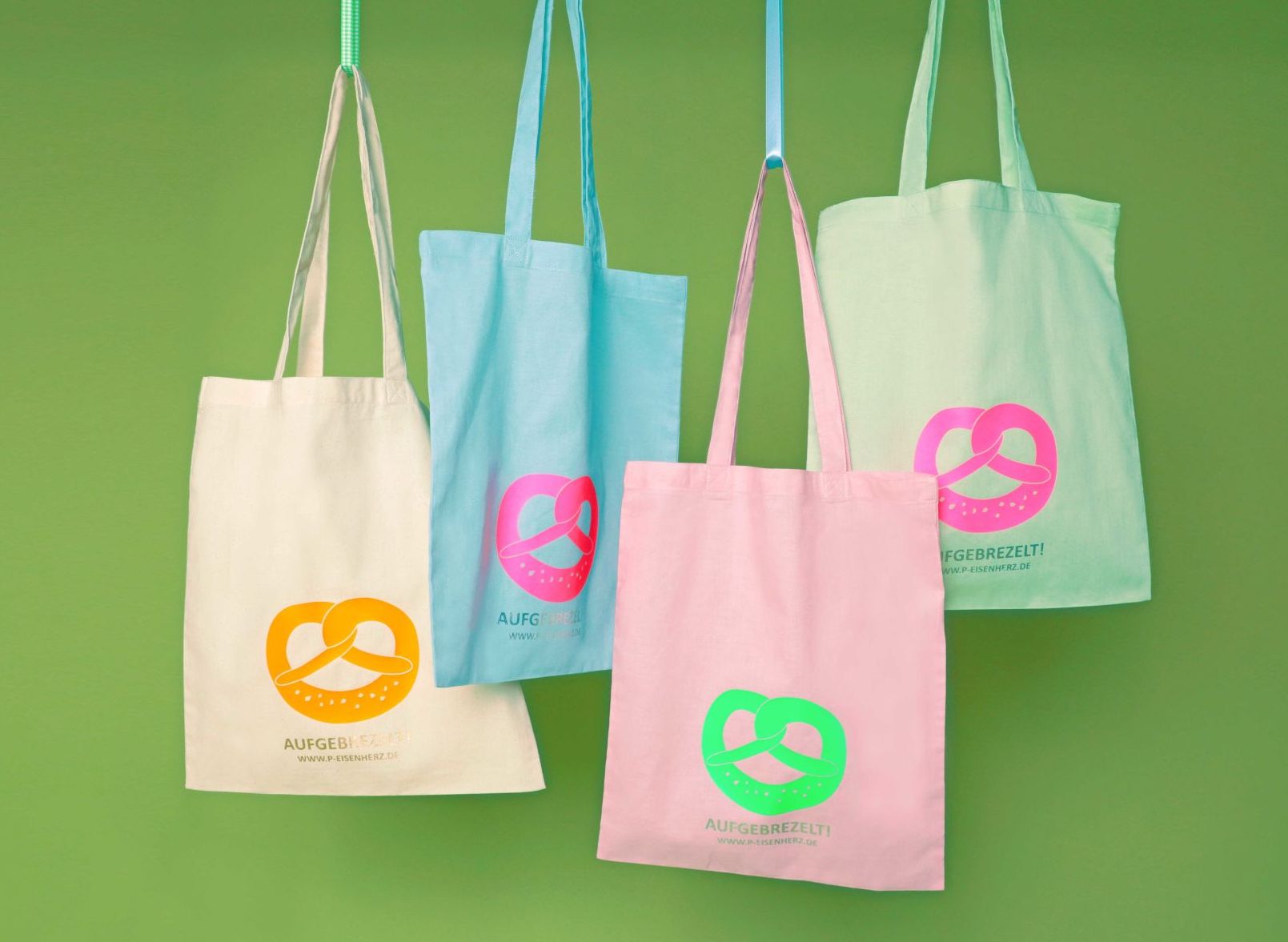 P.Eisenherz Tragetasche Jute Aufgebrezelt - Rosa mit Neon Grün Brezel
