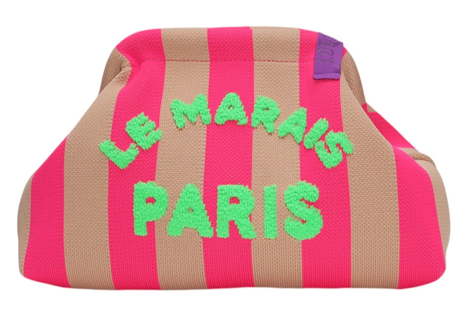 LOT83 Rebel Kulturtasche oder Clutch Emma - Pin & Beige mit Neon Grün Flock - le Marais Paris