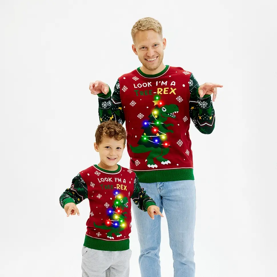 Christmas Sweater mit Beleuctung - Tree-Rex Dino Strickpullover zu Weihnachten