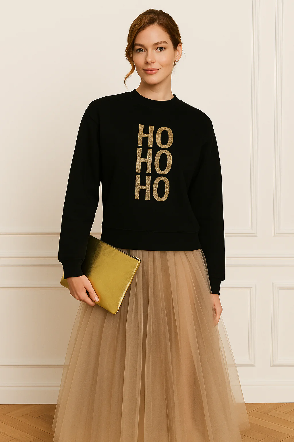 T.Tolein Christmas Sweatshirt in Schwarz zum Weihnachten mit Gold Glitzer - HO HO HO 