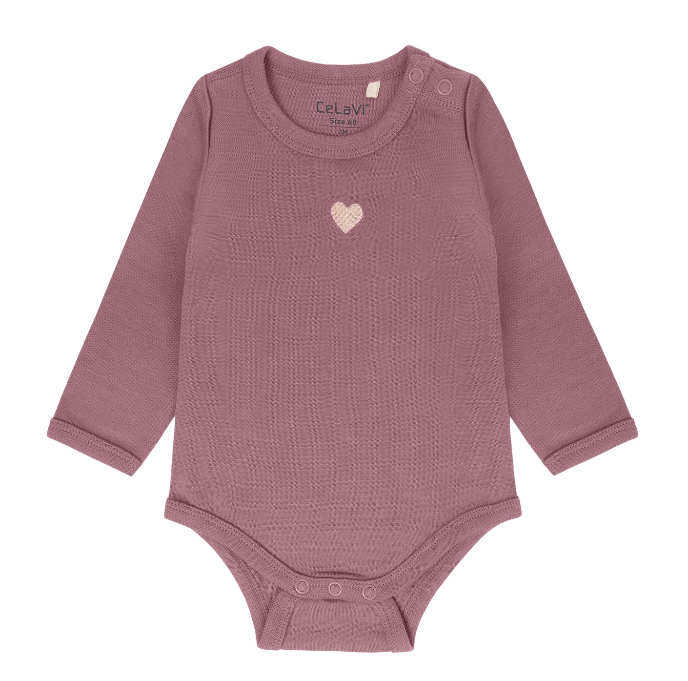 CeLaVi Langarm Body aus Merinowolle in Grape Shake mit Rosa Herz 