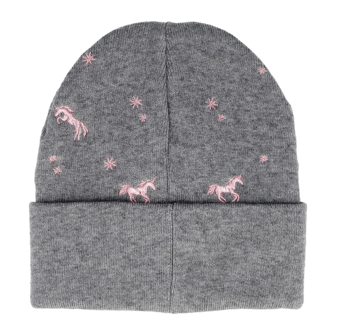 maximo Mädchen Beanie in Mittelgraumeliert mit Einhorn- und Sternenstickerei – Doppelt gestrickt