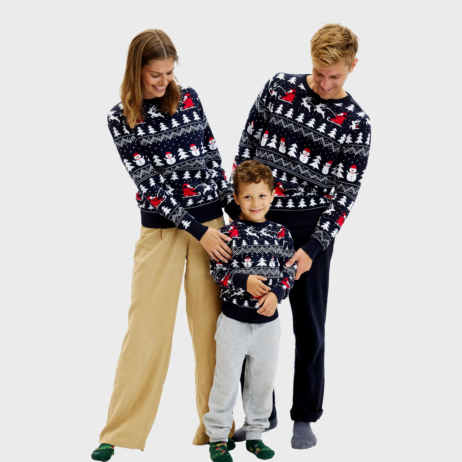 Christmas Sweater mit Schneemann & Santa Weihnachtspullover in Marineblau - Bio Baumwolle 