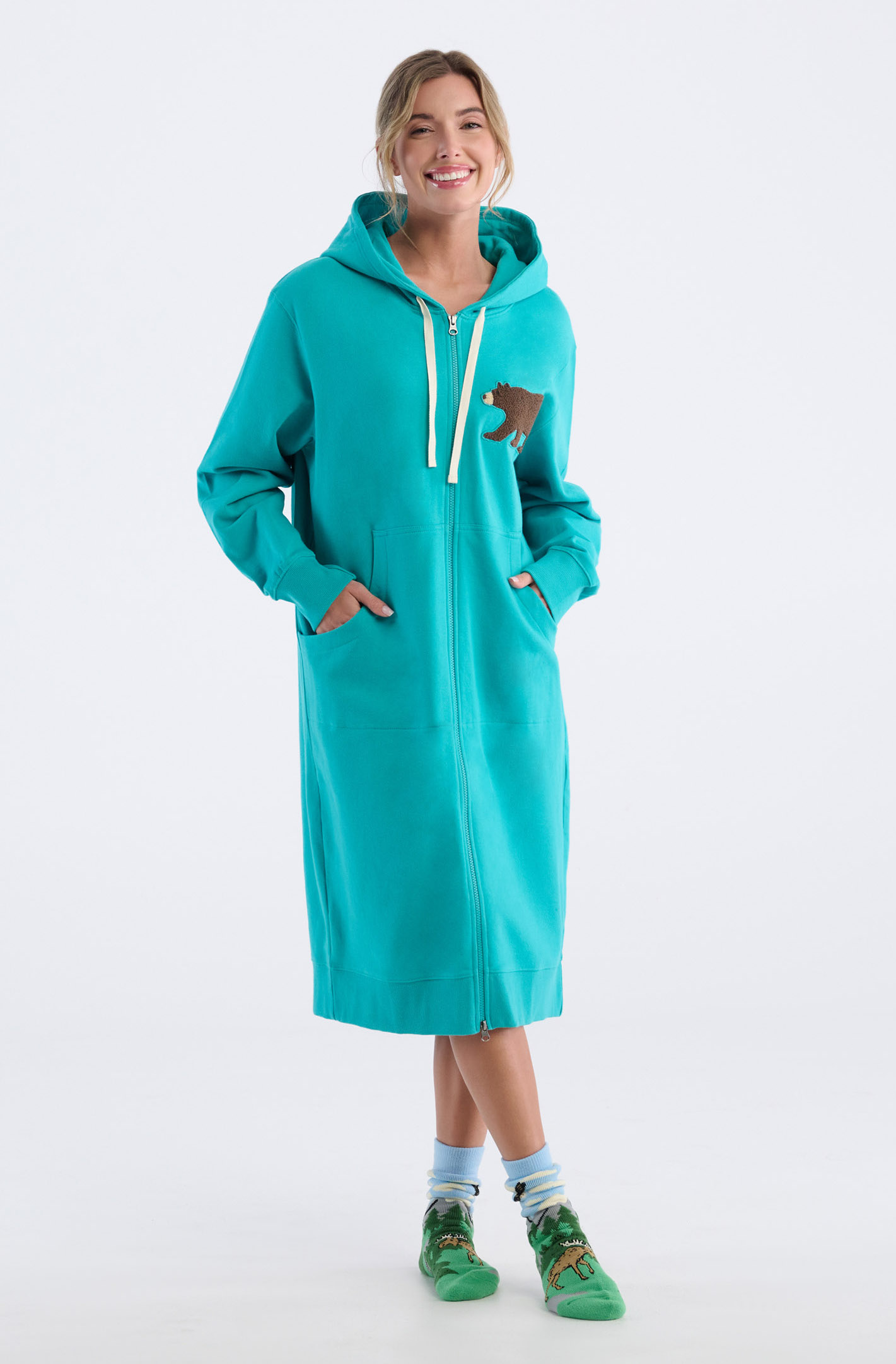Little Blue House Oversized Zipper Hoodie Mantel Bademantel - Petrol Bär