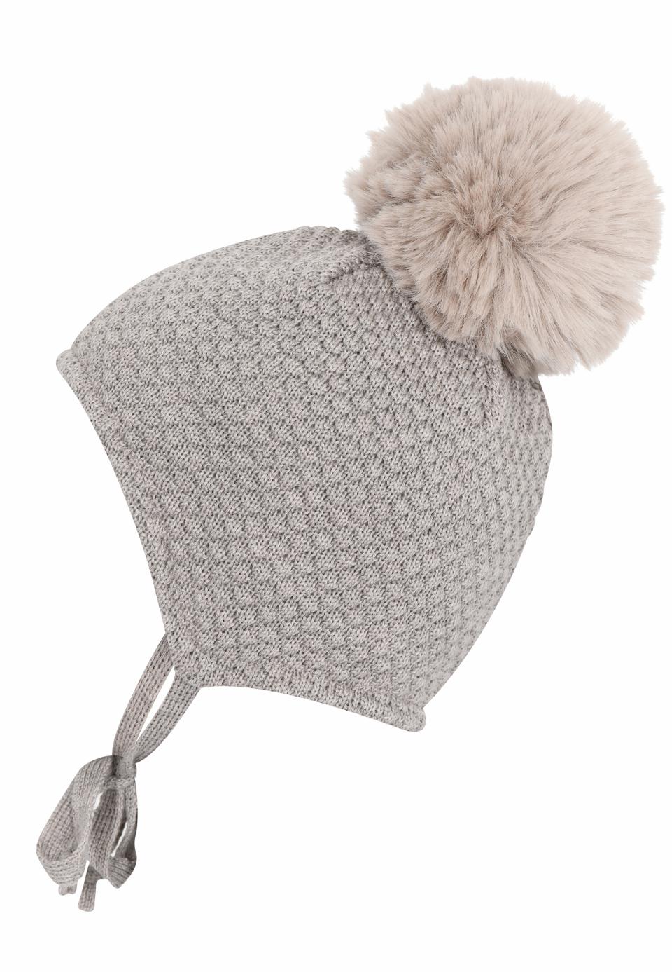 MP Denmark Oslo Baby Bonnet Wolle Strickmütze in Hellbraun Melange mit Faux Fell Bommel
