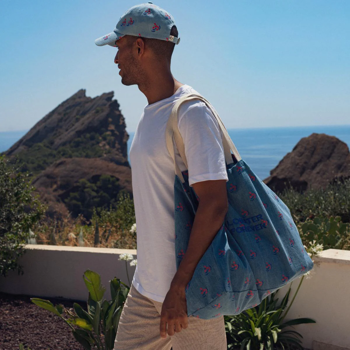 Chamaye Grand Cabas Denim Beach Bag Strandtasche in Blau - Lobster Forever