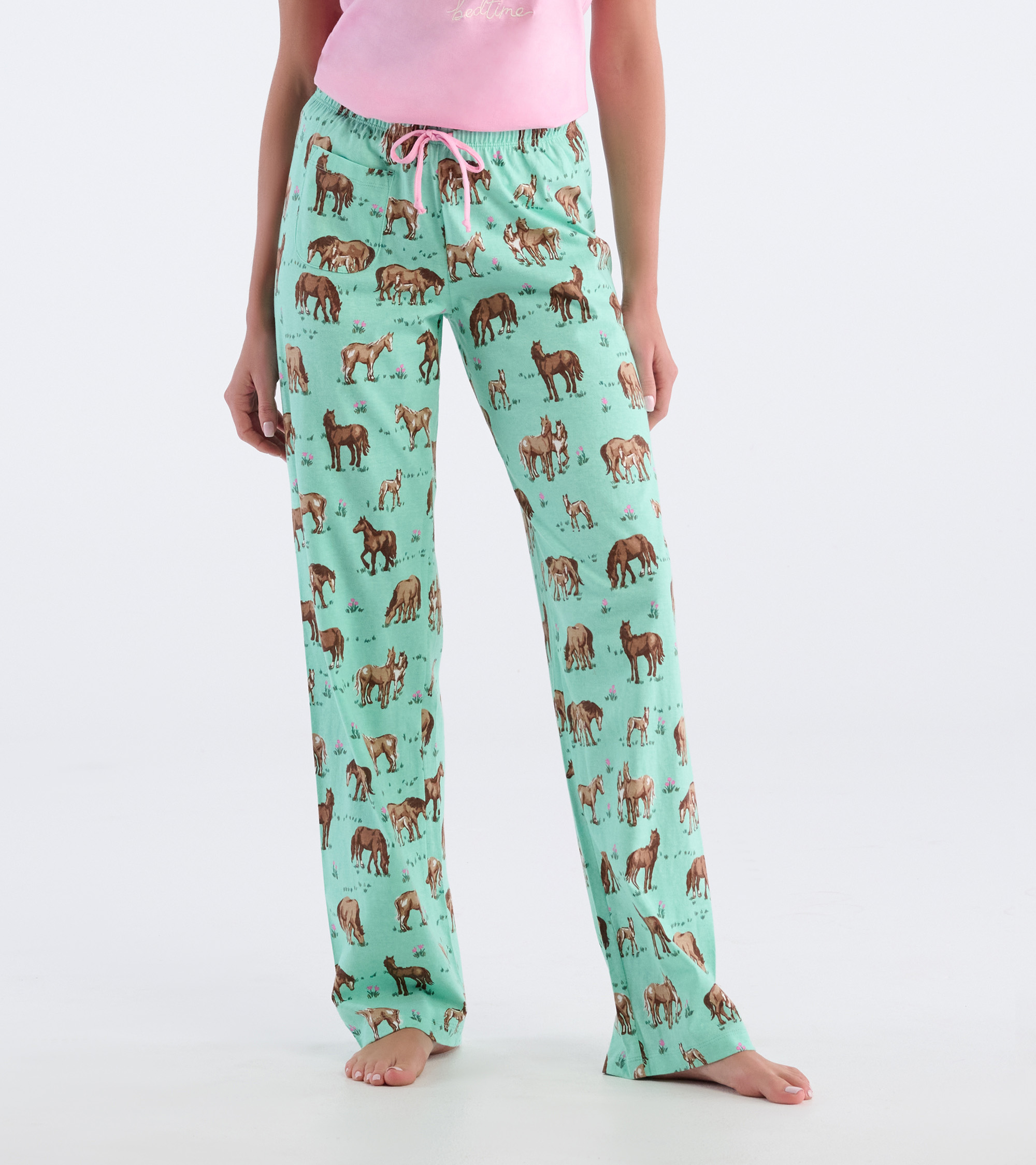 Little Blue House Damen Pyjama Hose in Grün - Western Horses - Pferde