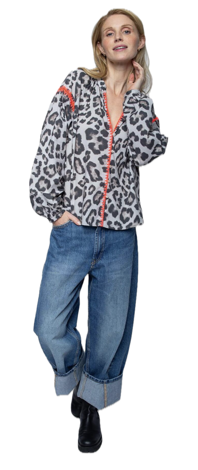 Emily van den Bergh Damenbluse aus Baumwolle mit Leo-Print in Taupe & Schwarz und Neonpink-Borte