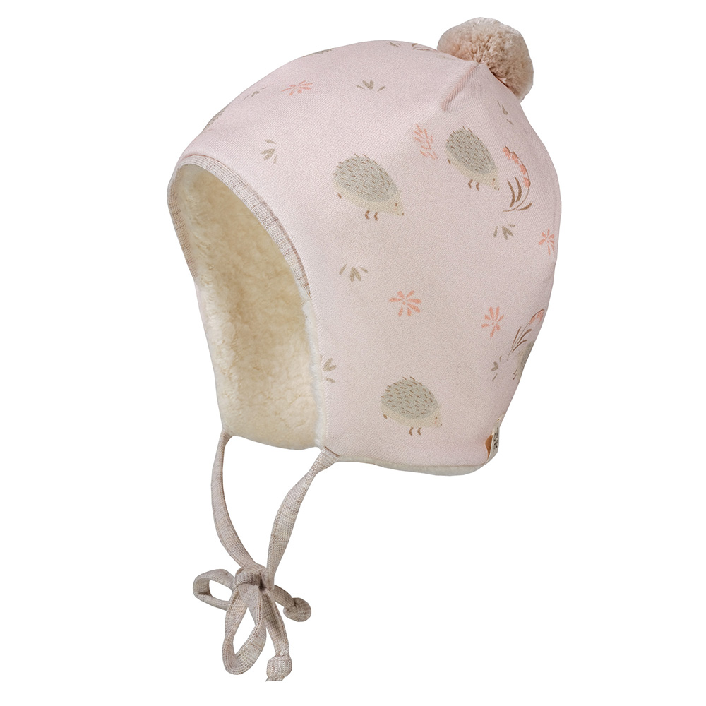 Maximo Baby Bommelmütze mit Bändchen und Fleece Futter - Rosa mit Igel