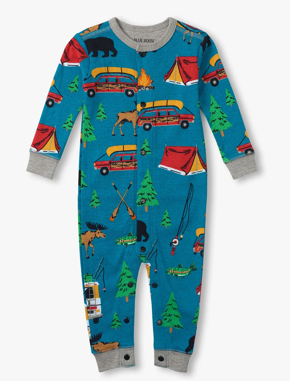 Little Blue House Baby Einteiler Overall in Blau - Retro Camping - Happy Camper