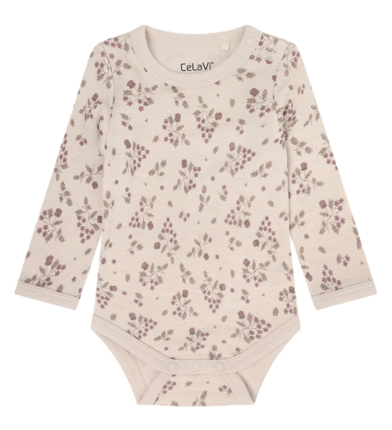 CeLaVi Langarm Body aus Merinowolle in Creme mit Flieder Blumen Allover