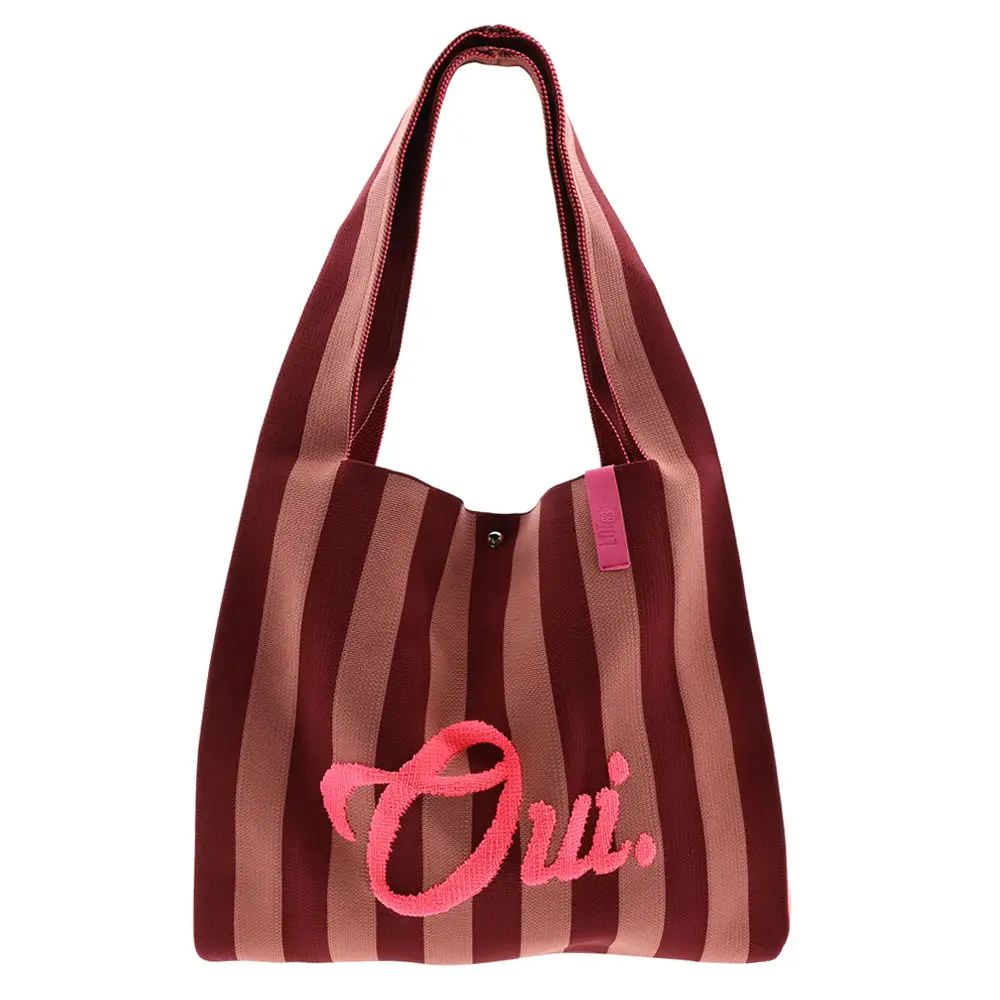 LOT83 REBEL LOIS Material Mix Gestrickte Shopper Tasche Weinrot & Kakao Gestreift mit Neon Pink Flock - OUI