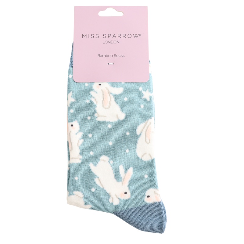 Miss Sparrow Bambus Socken in Hellblau - Bouncy Bunnies - Hasen