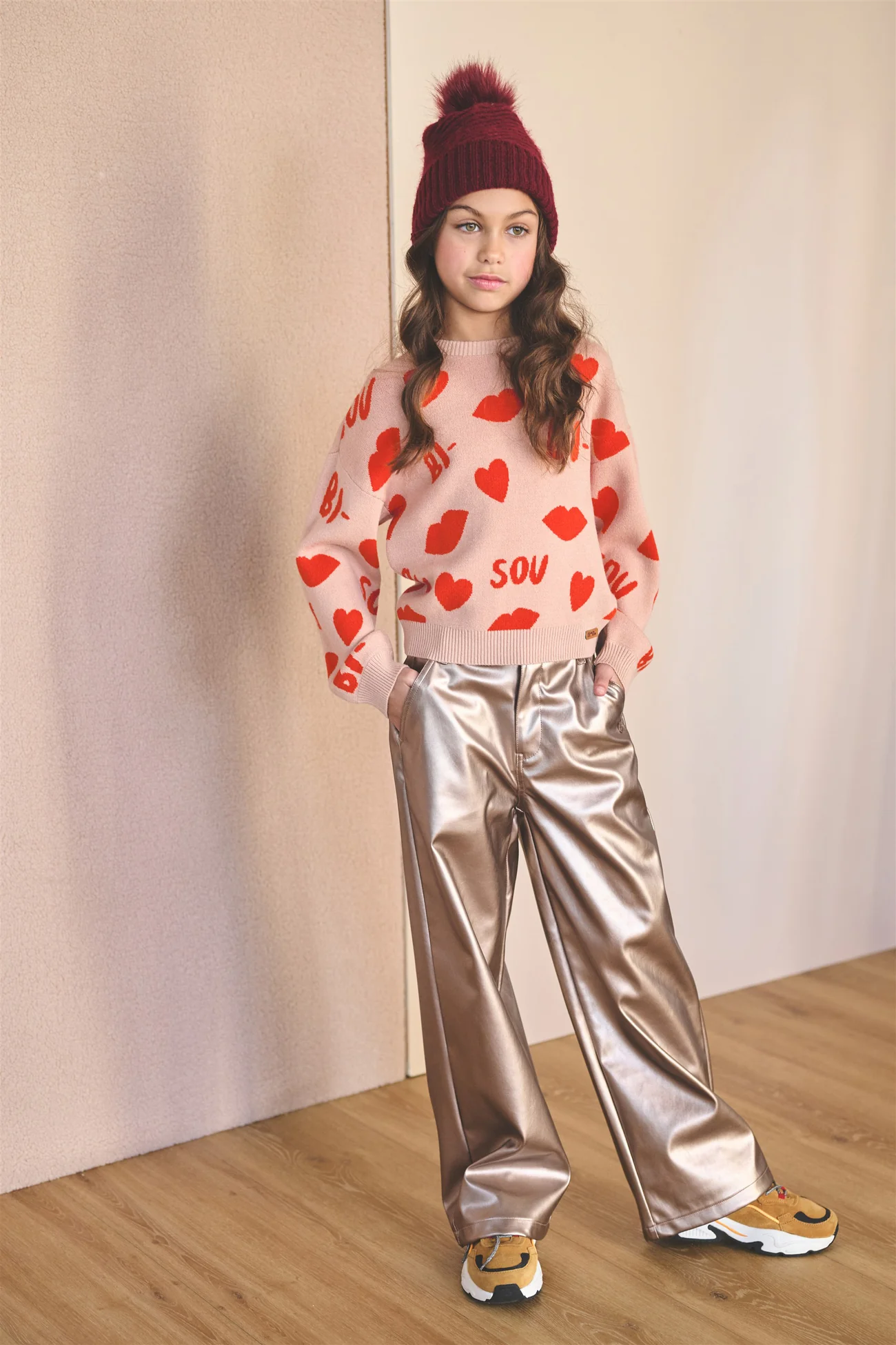NONO Katie Strickpulli Jacquard Puloover 'Bisou' in Sand mit Rot - Kusmund