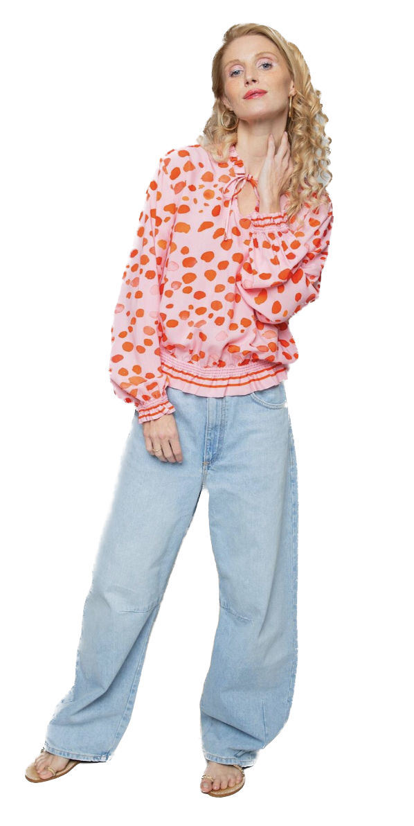 Emily van den Bergh Langarm Bluse in Rosa mit Aqua Dots in Rot