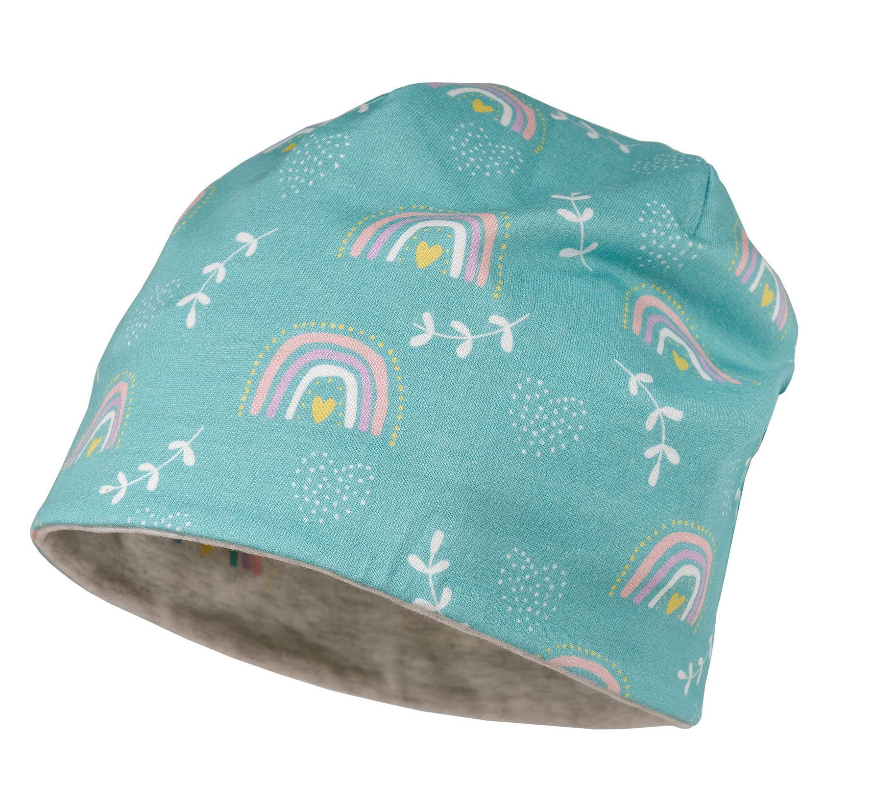 Maximo Leichte Jersey Beanie Mütze in Türkis mit Regenbogen & Herzen