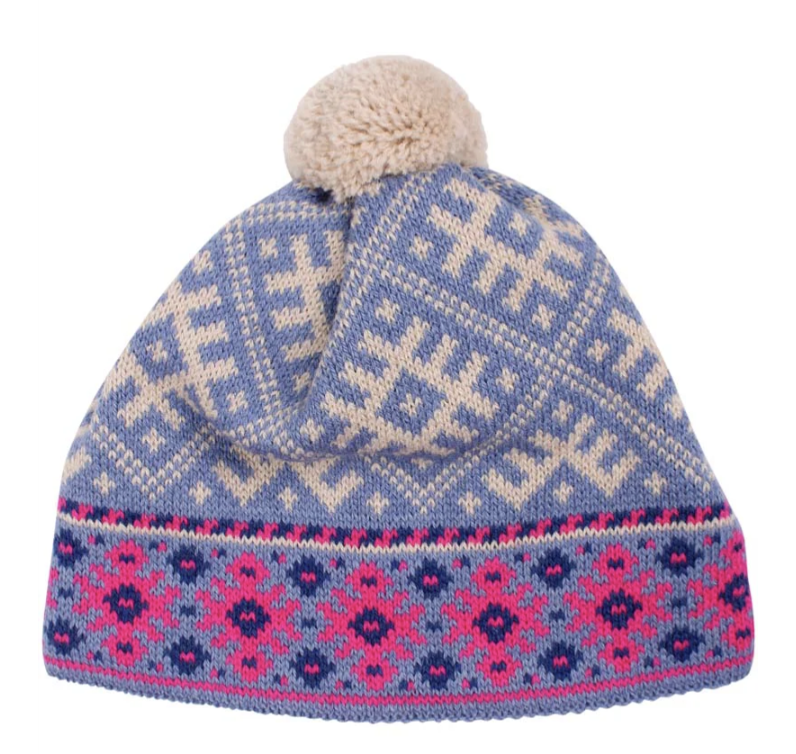 Danefae Wollmütze mit Bommel in Hellblau/Rosa/Weiß Danefae Wollmütze mit Bommel in Hellblau/Rosa/Weiß