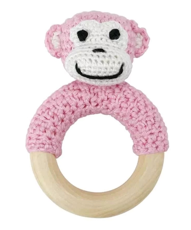 Sindibaba Bambus Häkel-Rasselring Charlie Affe in Rosa