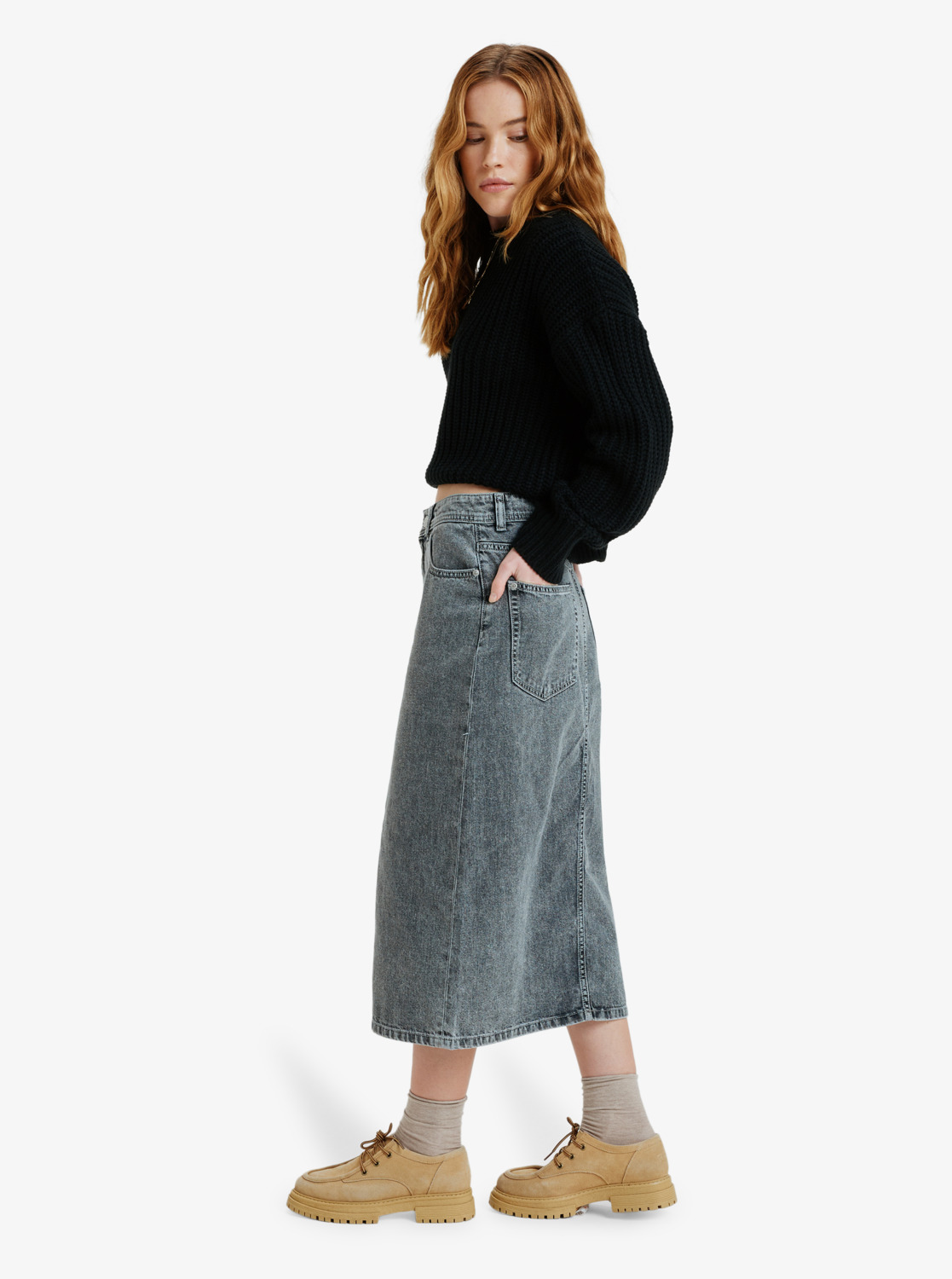 Roxy Cold Winds - Midi Length Denim Skirt für Damen - Jeansrock Grau