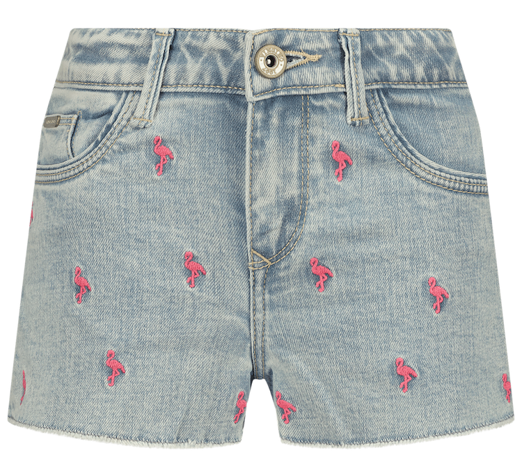 SS24KGD46005_Dafina-20Flamingo_Light-20Bleach_FRONT Vingino Jeans Short Dafina Flamingo in Light Bleach-Blau - Flamingos vorne