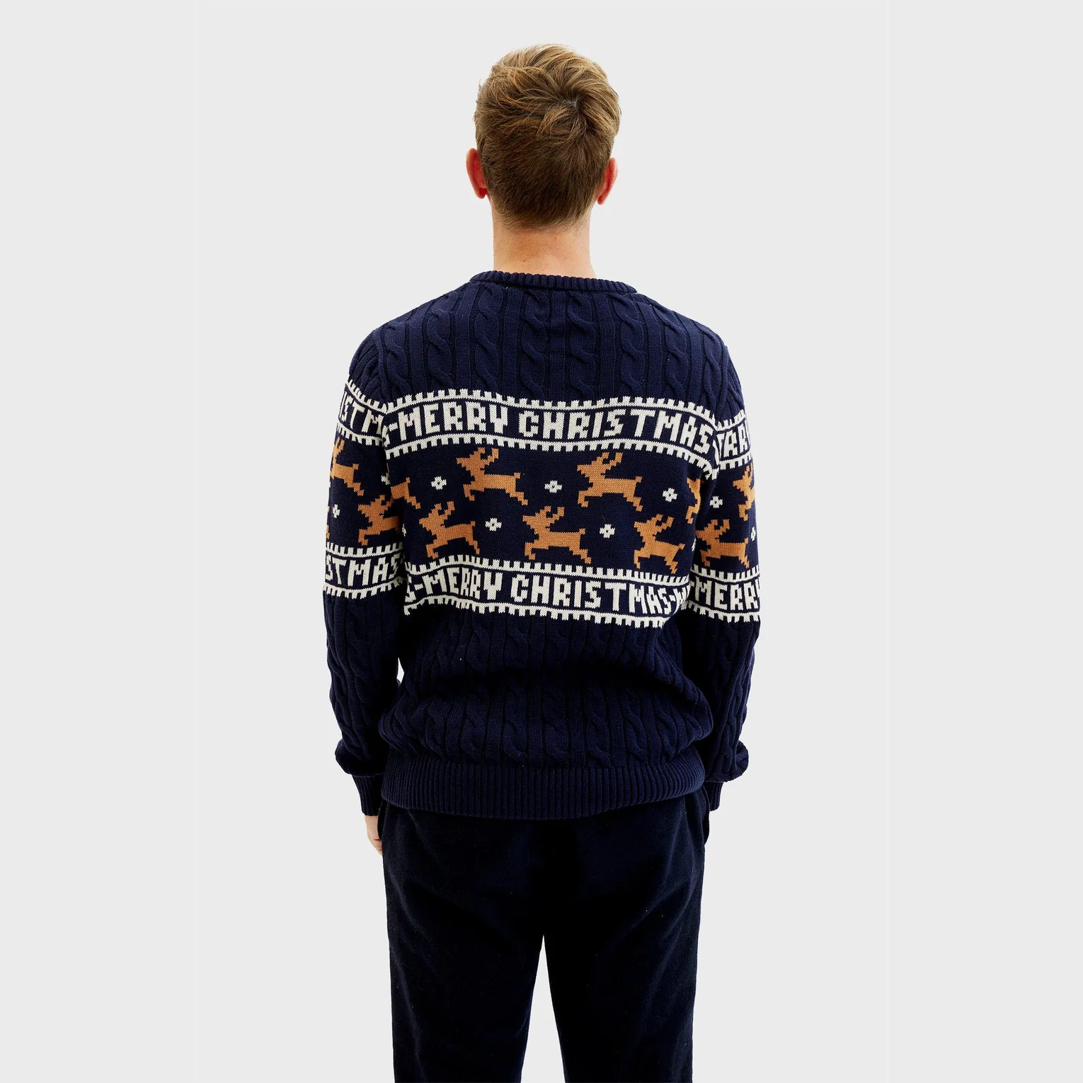 Christmas Sweater Elegante Weihnachtspullover Rentier Navy Kabelstrick - Merry Christmas