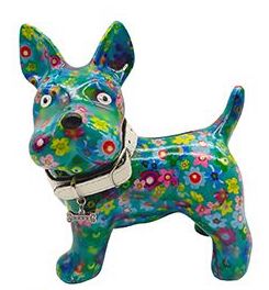 POMME-PIDOU-SPARDOSE-HUND-BOOMER Pomme pidou Spardose Hund Boomer Medium in Türkis Blau mit Blumen