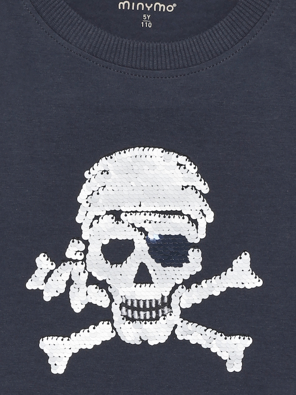 Minymo Kurzarm T-Shirt in Odyssey Grau mit Wendepailletten - Skull