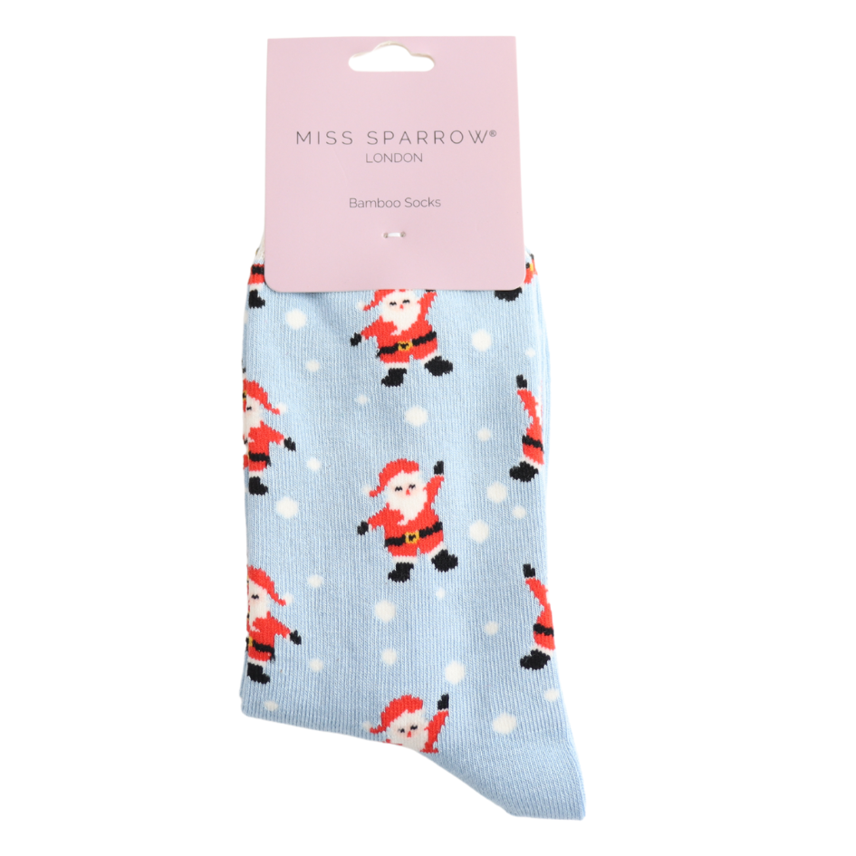Miss Sparrow Bambus Socken Christmas Socks in Hellblau - Jolly Santa Miss Sparrow Bambus Socken Christmas Socks in Hellblau - Jolly Santa