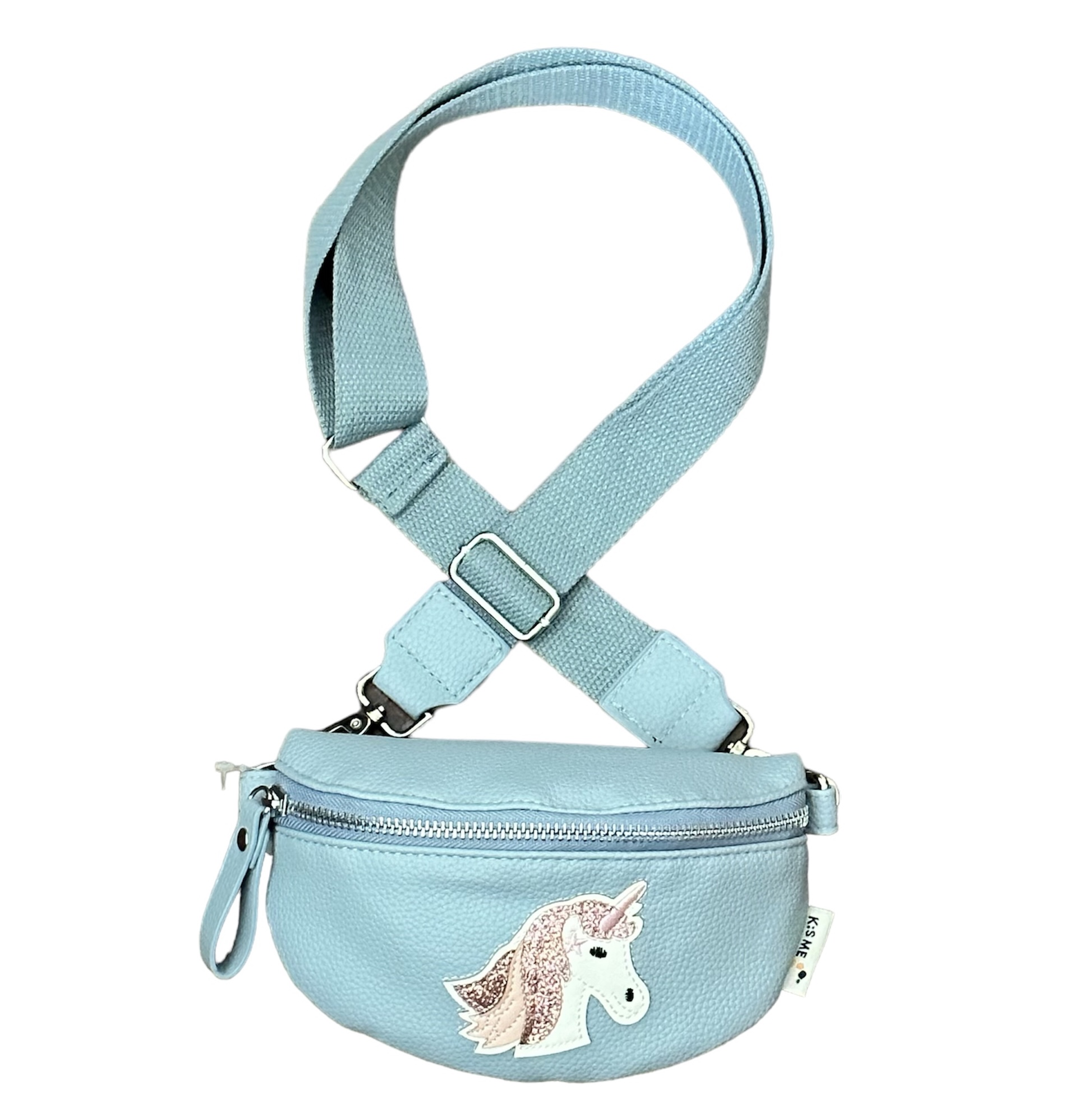 PhotoRoom_20230824_092030 KisMe Crossbody Tasche Sidebag - Einhorn in Hellblau mit grün/blauem Band