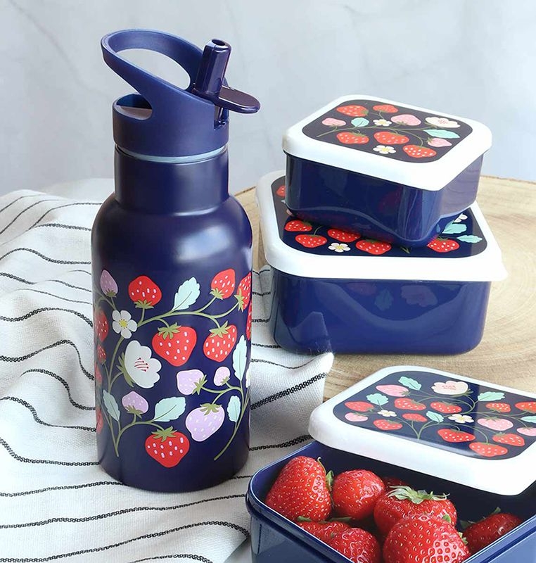 A Lovely Little Company Thermos Edelstahl Trinkflasche mit Strohhalm - Erdbeeren