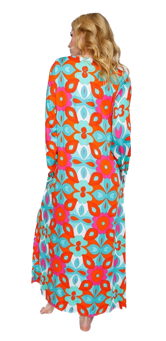 Emily van den Bergh Maxikleid mit Retro Blumen in Türkis Pink & Orange