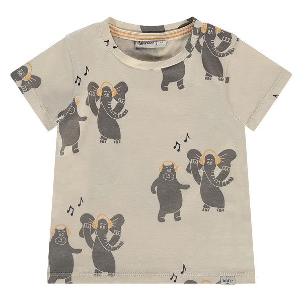 Babyface Kurzarm T-Shirt in Creme & Grau - Musik Elefanten & Hippo
