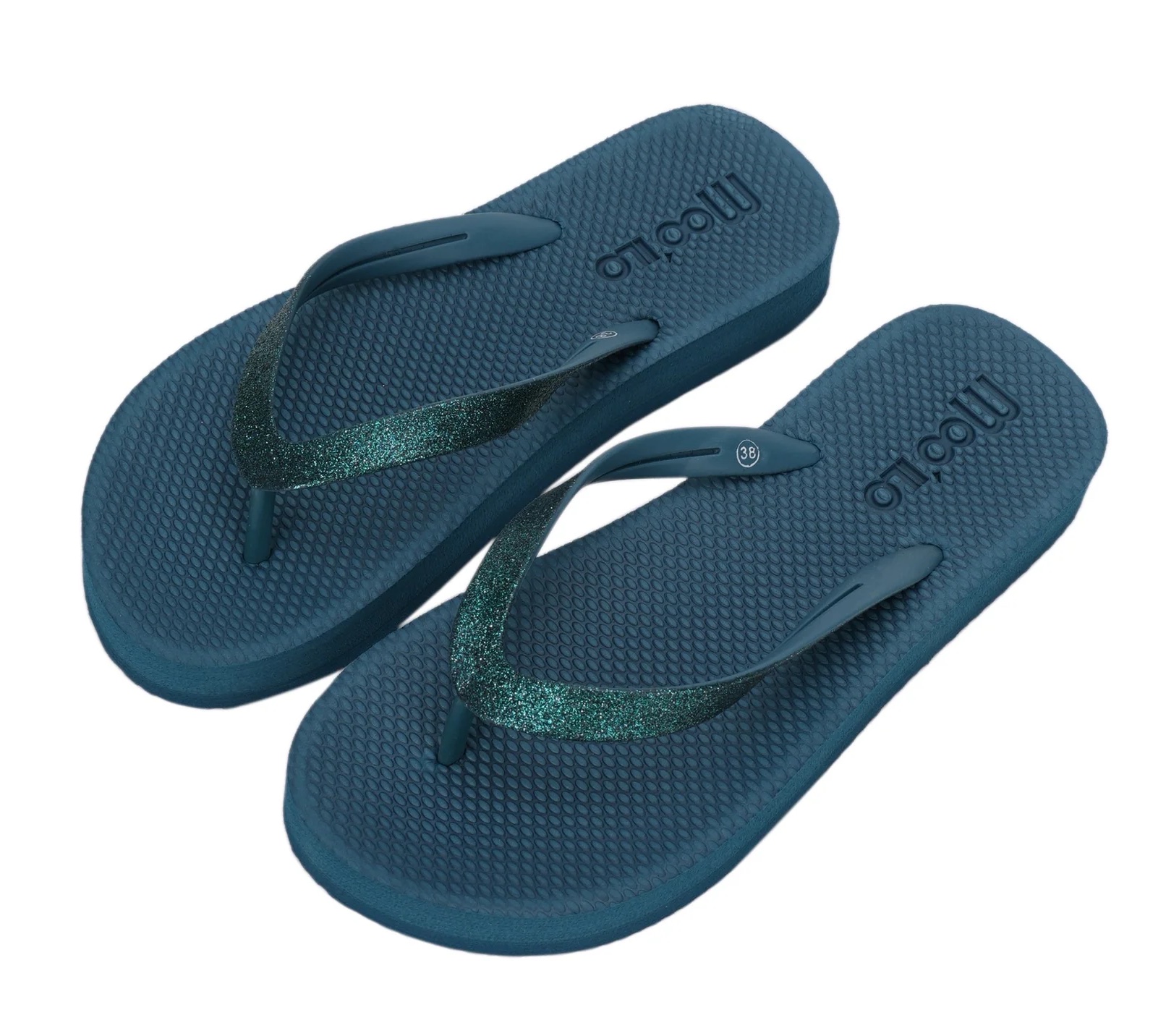 Moo' Ilo Damen Flip Flops Lena Tapestry in Petrol Grün Glitzer + Neon Grün Jelly Clutch Moo' Ilo Damen Flip Flops Lena Tapestry in Petrol Grün Glitzer + Neon Grün Jelly Clutch