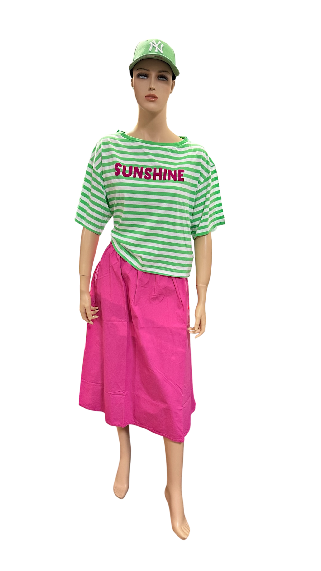 Another Brand Damen T-Shirt - Oversize cropped in Grün/Weiß gestreift