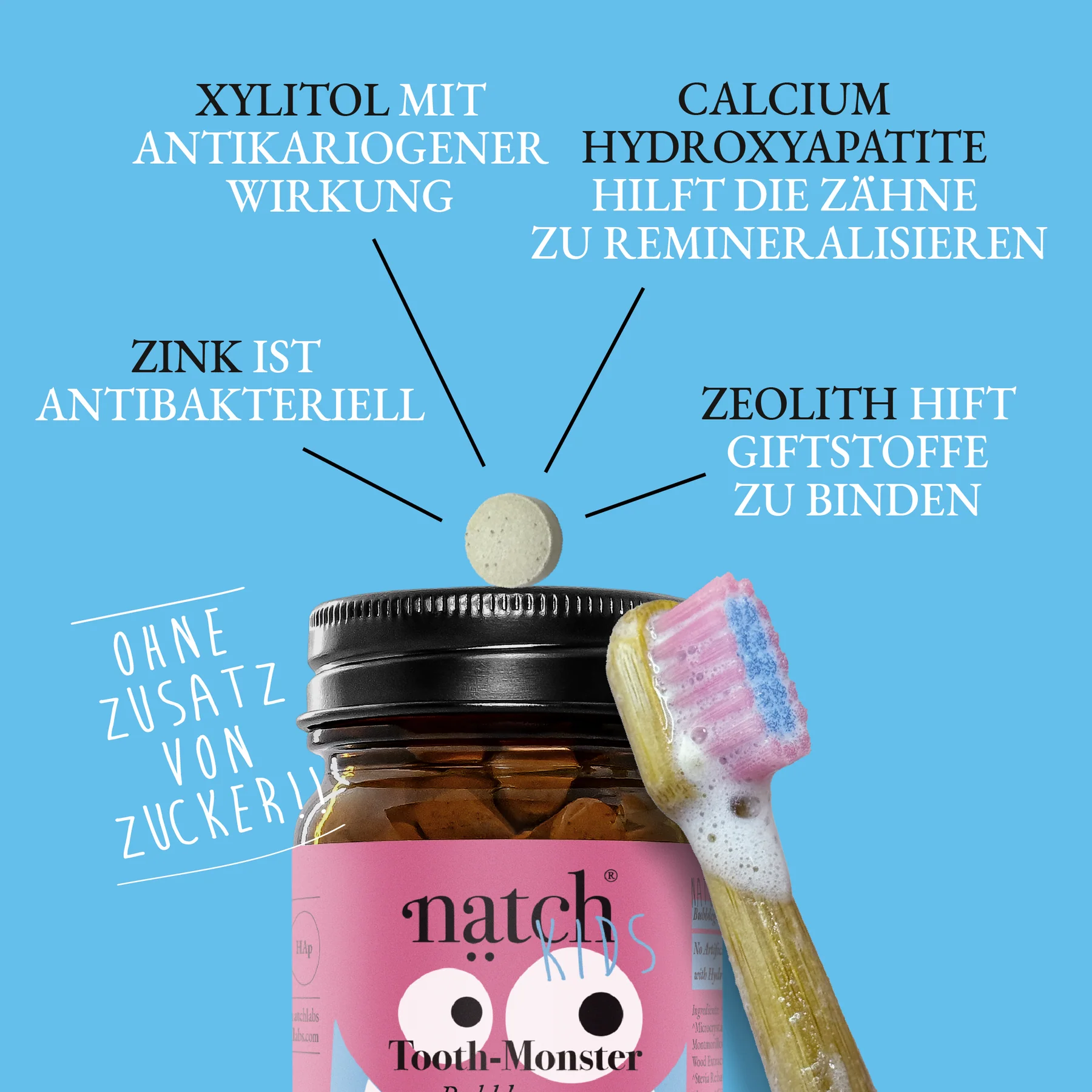 NATCH Kinder Bambus Zahnbürste – Tooth Monster - Farbauswahl