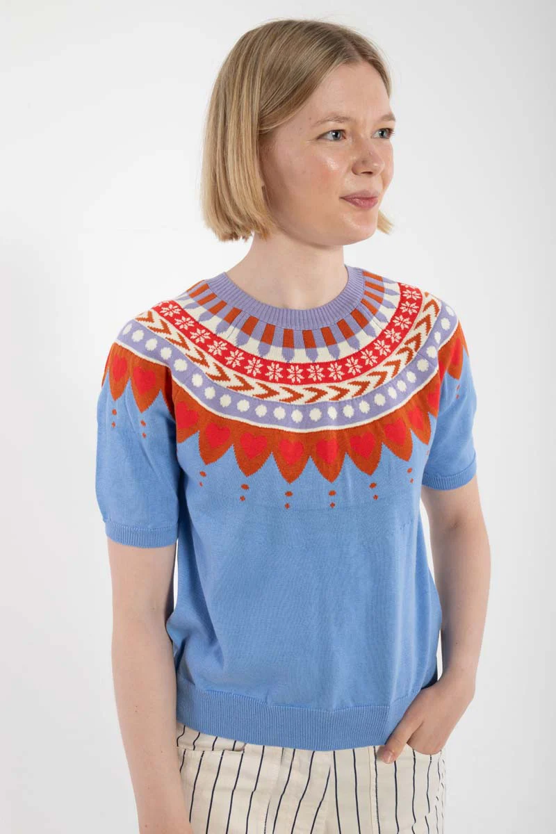 Danefae Danehope Kurzarm Baumwolle Strickpulli - Wasserblau Norweger - SALE Danefae Danehope Kurzarm Baumwolle Strickpulli - Wasserblau Norweger - SALE