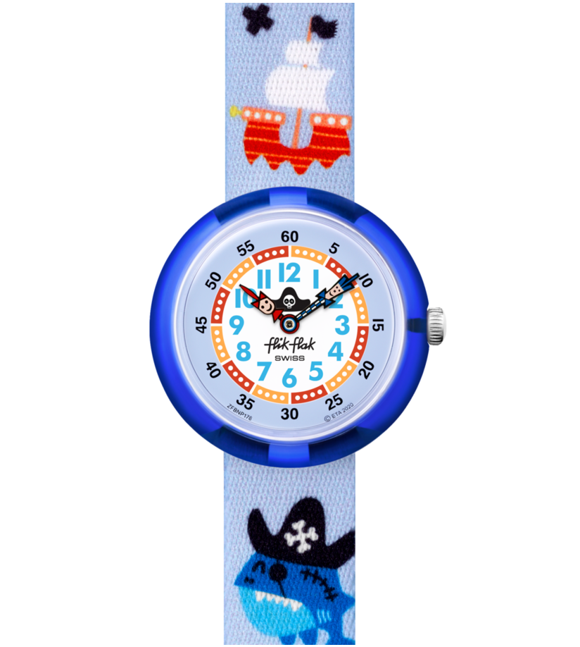 Flik Flak Uhr Kinderuhr - Ahoy Matey! - Piratenboot & Hai - hell/dunkelblau