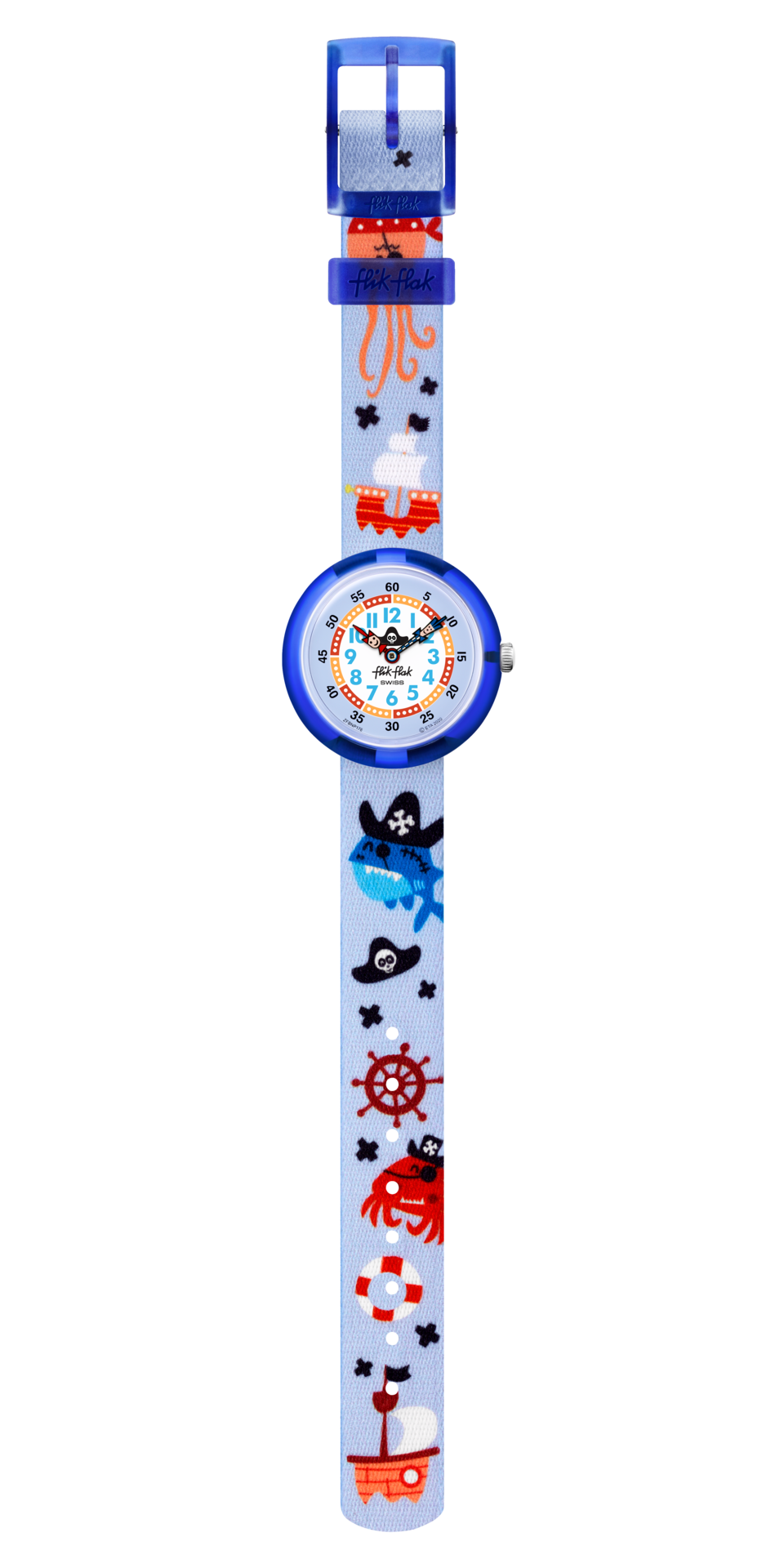55015FFD-11B3-43D9-B9BA-5F6751AE6869 Flik Flak Uhr Kinderuhr - Ahoy Matey! - Piratenboot & Hai - hell/dunkelblau