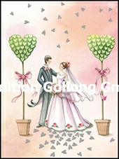 5-304 Edition Gollong Minikarte Hochzeit Brautpaar zwischen Herz Bäumen