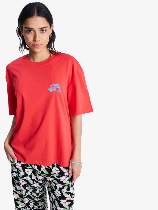 Roxy Hangloose Poster T-Shirt in Hibiskus Rot für Frauen mit Backprint - Fresh Coconut