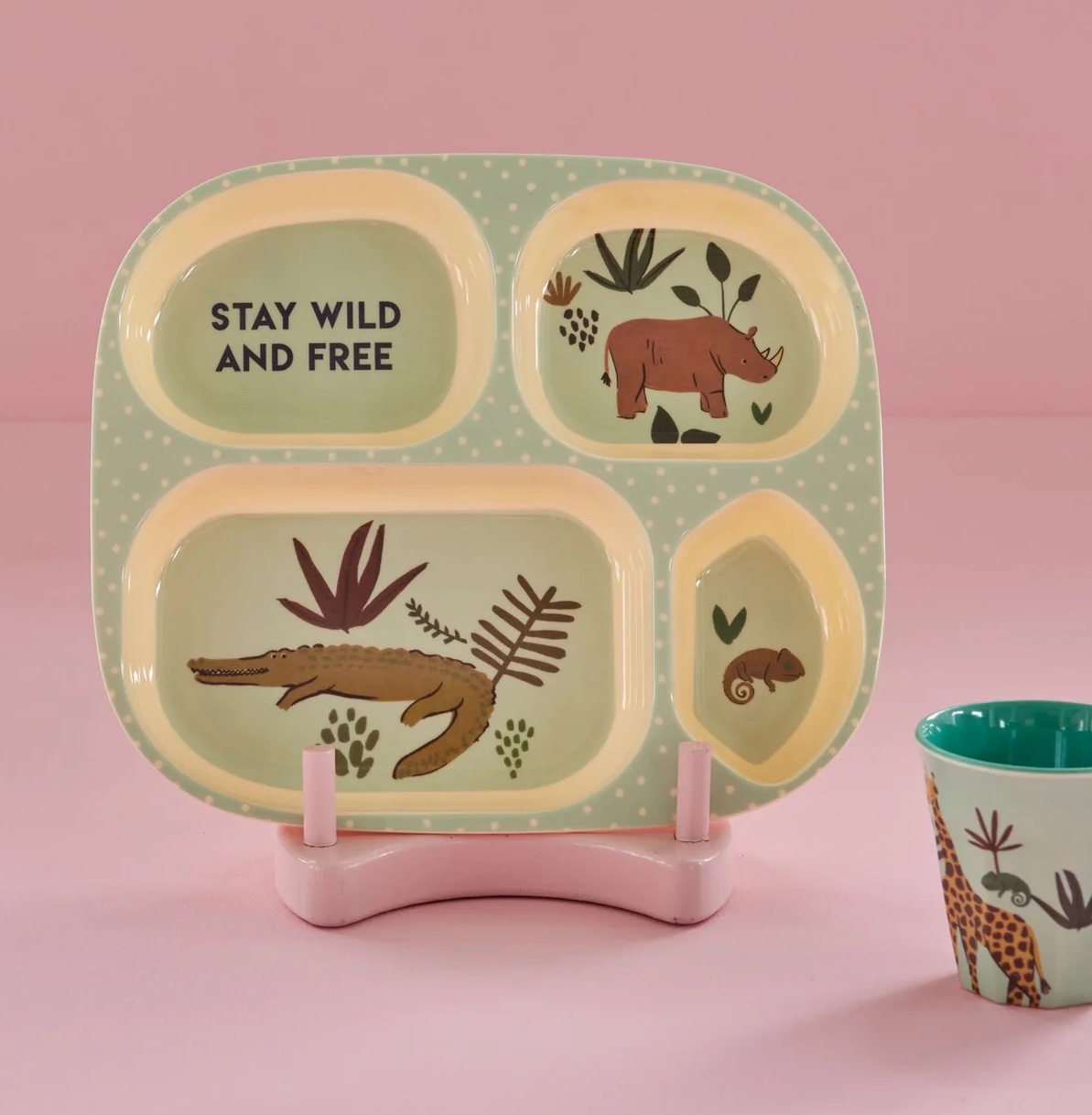 RICE Melamin Kinderteller mit 4er Einteilung - Blau - Wilde Tiere