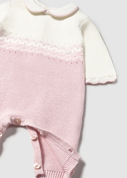 Mayoral Baby Strick Strampler Overall in Creme & Rosa mit Kragen