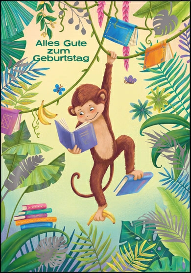 Edition Gollong Grußkarte - Alles Gute zum Geburtstag - Affe mit Buch