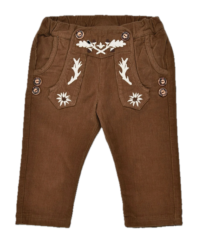 Bondi Cord Trachtenhose Braun in Lederhosen Look mit Stickerei 