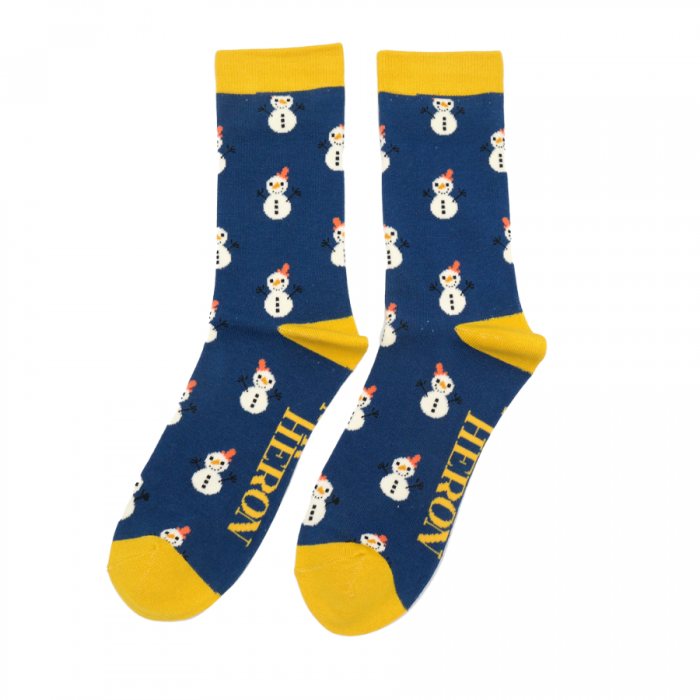 miss-sparrow-maenner-socken-bamboo-little-snowmen Mr. Heron Herren Socken Bambus in Navy - Schneemann