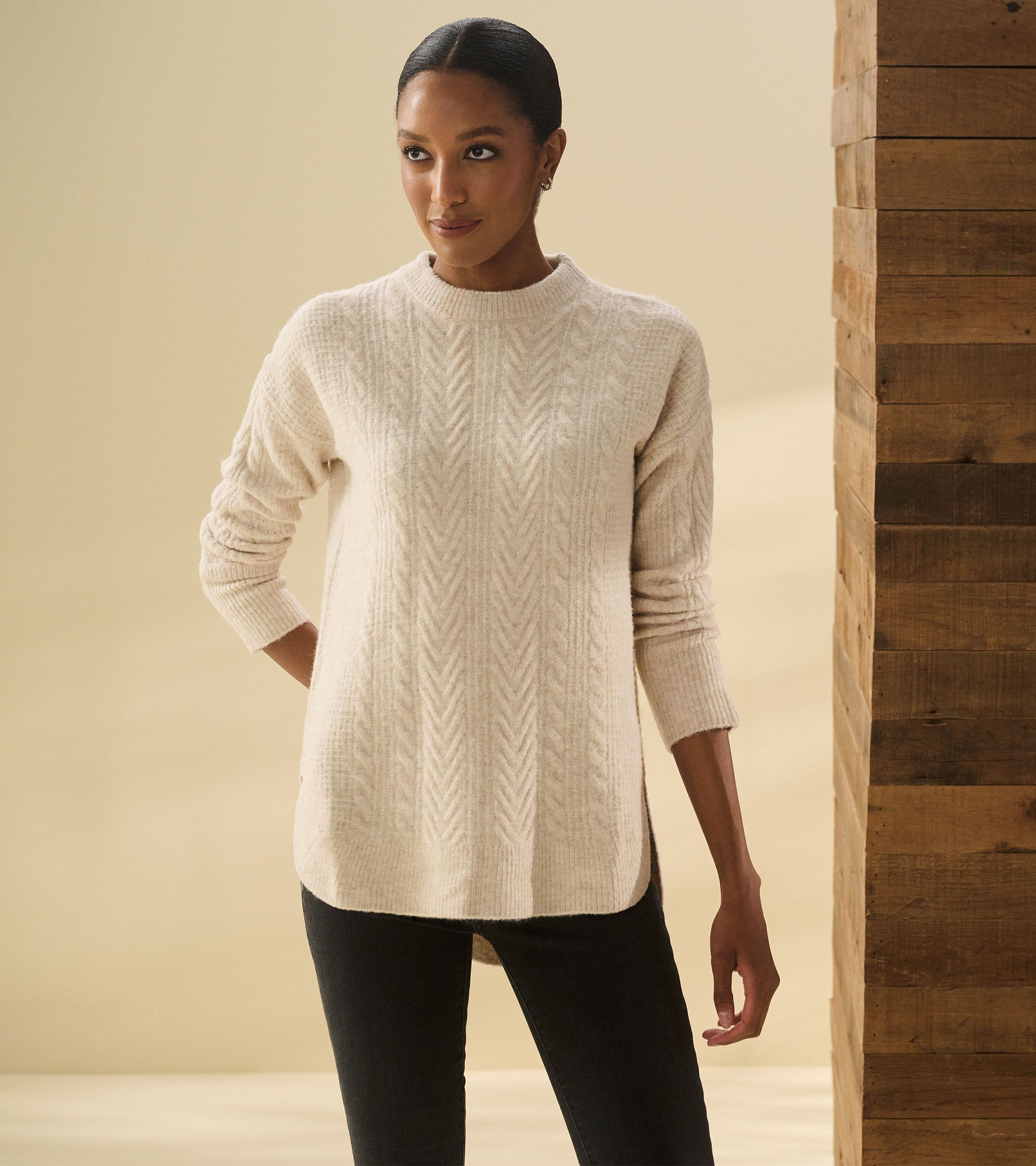 Hatley Damen Kabelstrick Tunika Strickpulli Pullover in Creme Oatmeal Melange Hatley Damen Kabelstrick Tunika Strickpulli Pullover in Creme Oatmeal Melange