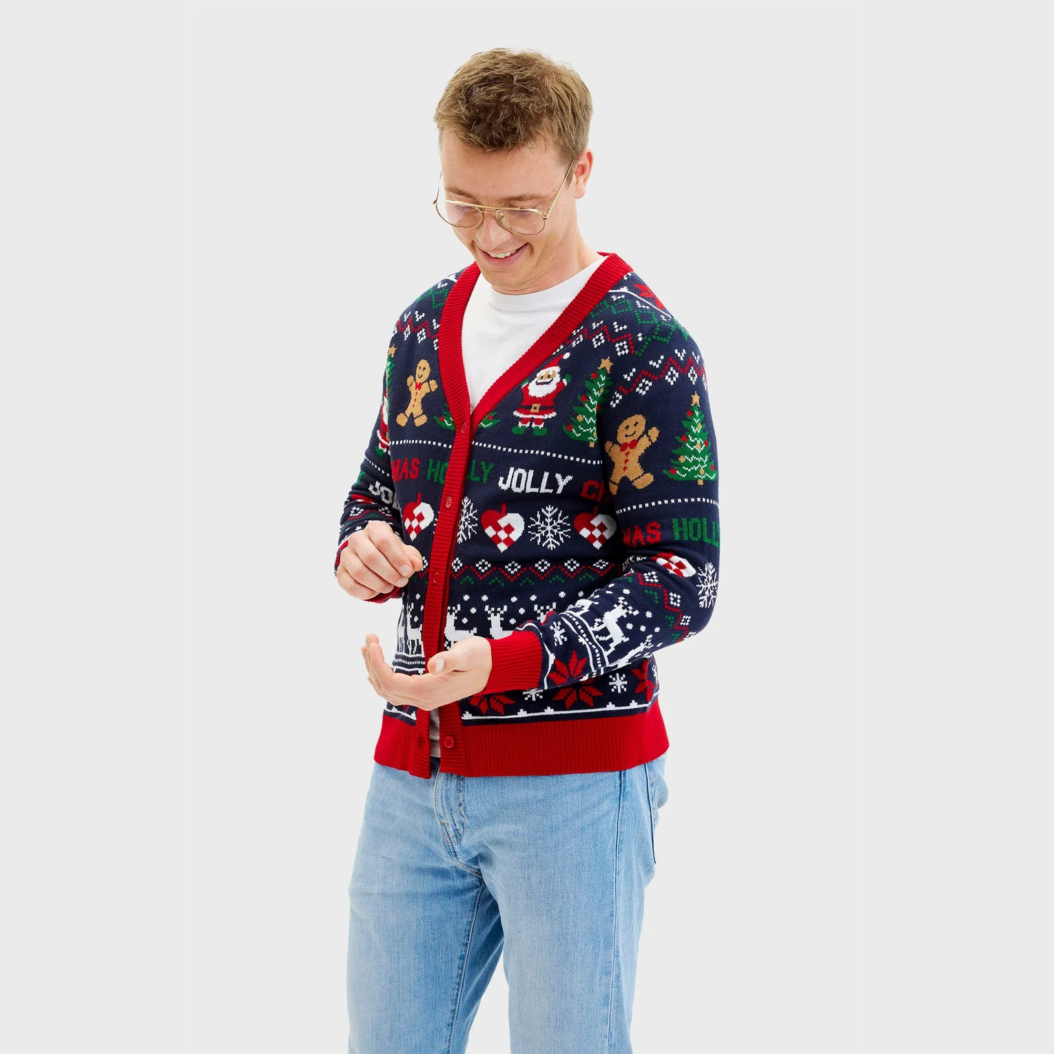 Christmas Sweater Jolly Good Cardigan Strickjacke zu Weihnachten in Navy & Rot mit Santa Christmas Sweater Jolly Good Cardigan Strickjacke zu Weihnachten in Navy & Rot mit Santa
